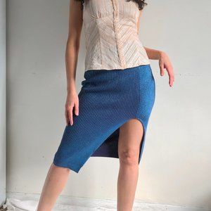 metallic blue midi knit skirt